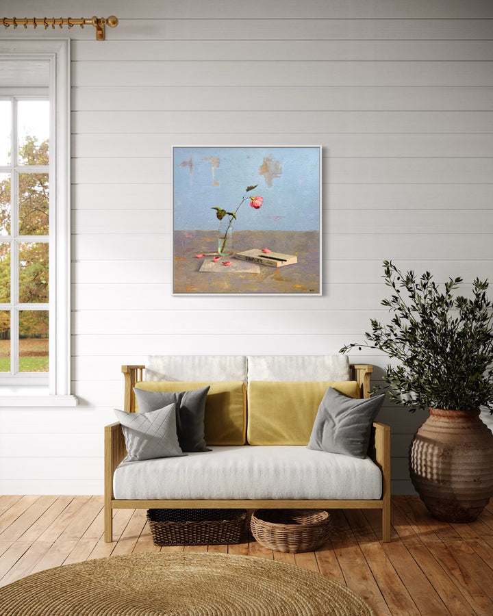 realism still life in oil textured painting single rose flower in glass with book simplify and pencil on blue background