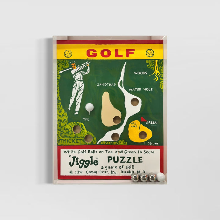 Graphic vintage nostalgic jiggle puzzle game with balls green golfing with hitting figure golf map tee. and holes in acrylic and plexiglass frame
