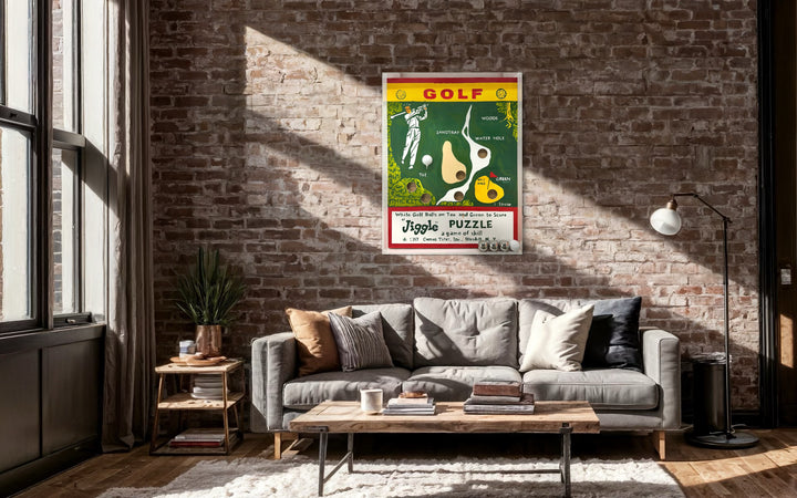 Graphic vintage nostalgic jiggle puzzle game with balls green golfing with hitting figure golf map tee. and holes in acrylic and plexiglass frame