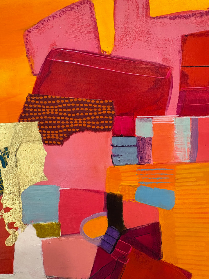 orange and pink abstract collage with paint marker fabric gold leaf foil graphite acrylic stacked shapes 