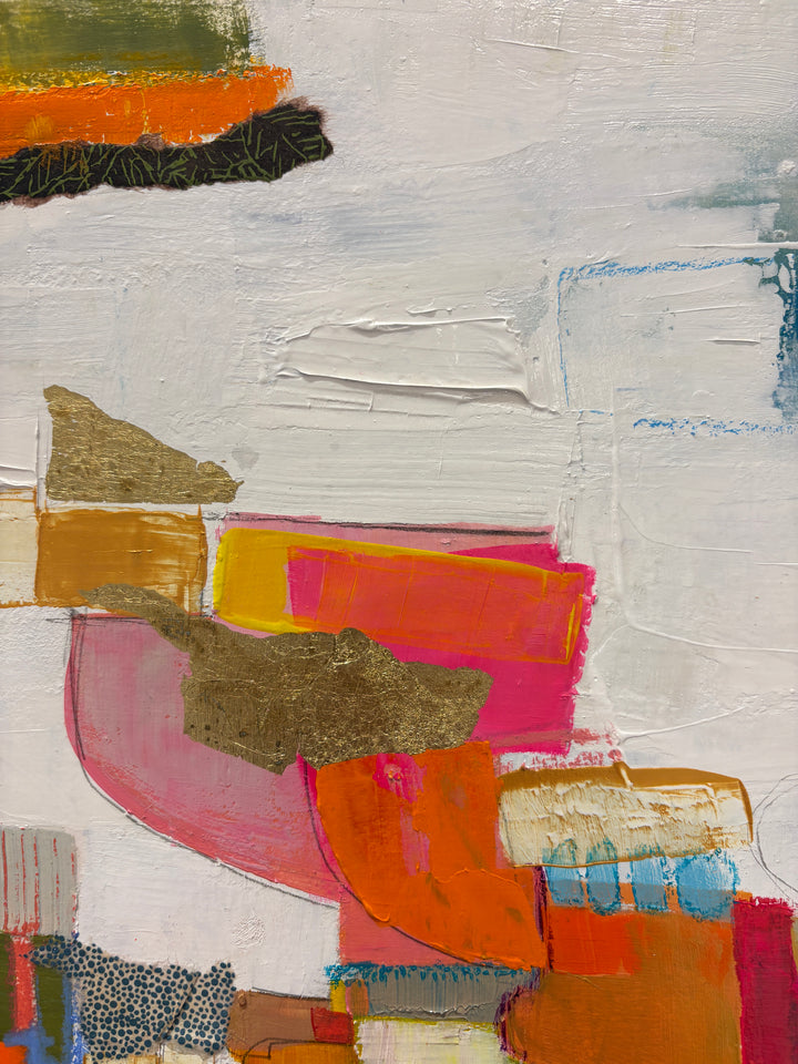 multicolor collage of acrylic paint, fabric, graphite, gold leaf, foil, patterns square shapes tacked on white background textured
