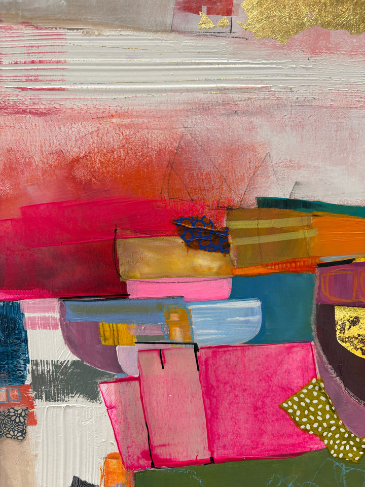 abstract geometric collage of square and semi circle shapes in fabric graphite acrylic paint gold leaf foil in pink green blue stacked and overlapping on pink and white background