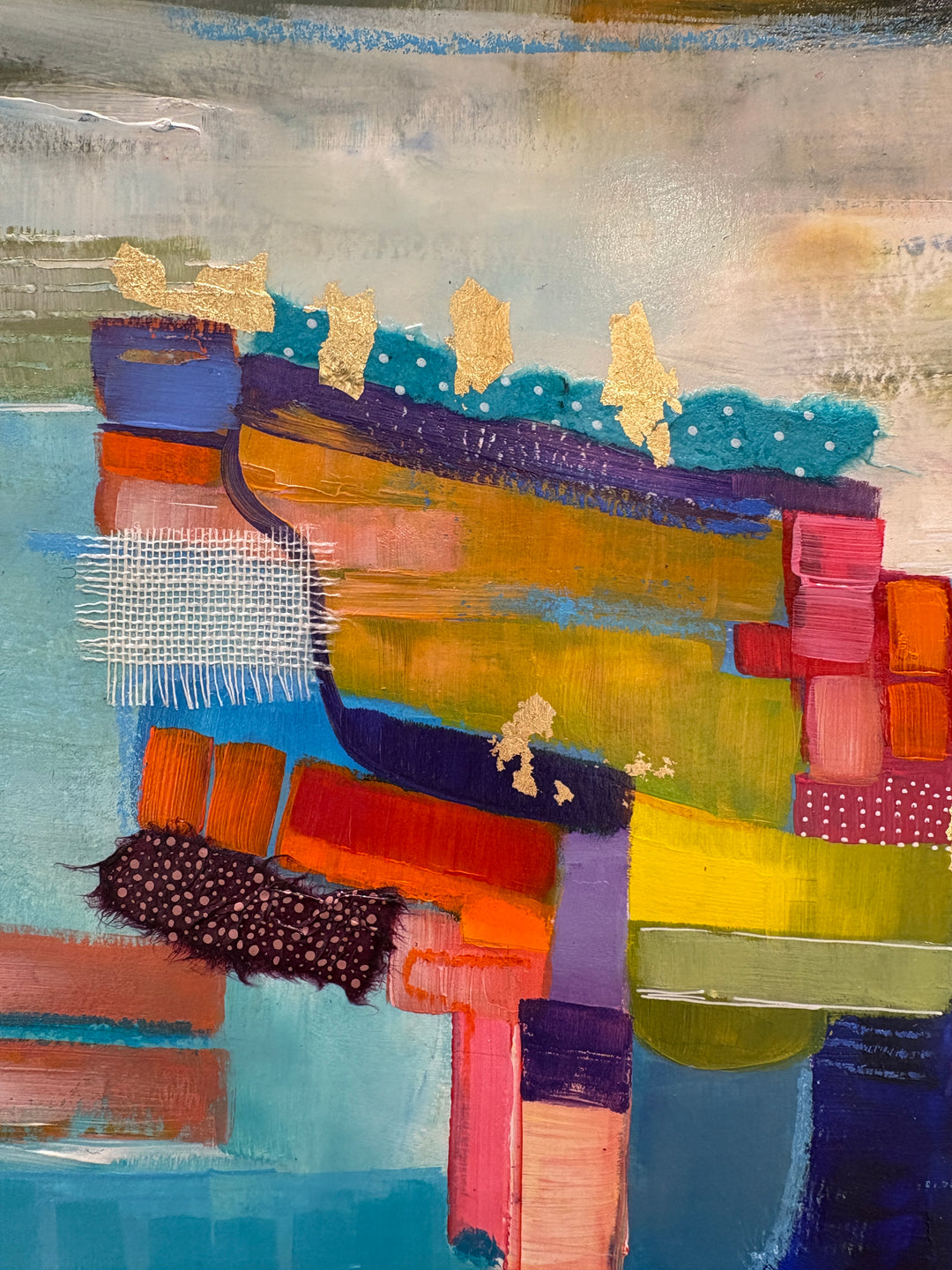 abstract collage mixed media acrylic paint graphite fabric textiles paper gold leaf polka dots pattern net in blue green pinks wish washy paint stroke background