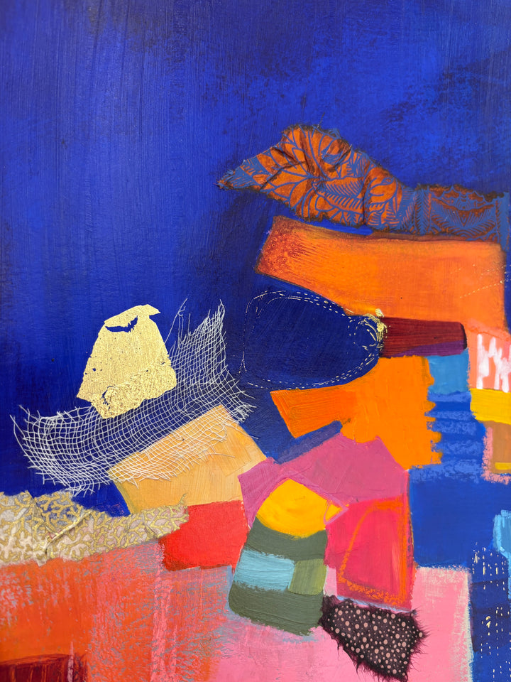 pile stack abstract composition collage of shapes colors pink orange in fabric acrylic paint graphite pastel patterns net on dark blue washy background