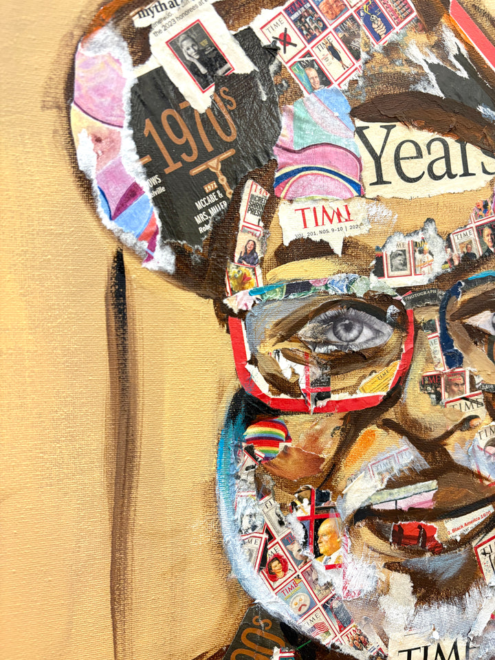 man portrait face with glasses mixed media collage magazine paper cut out acrylic paint by Keith Andrews
