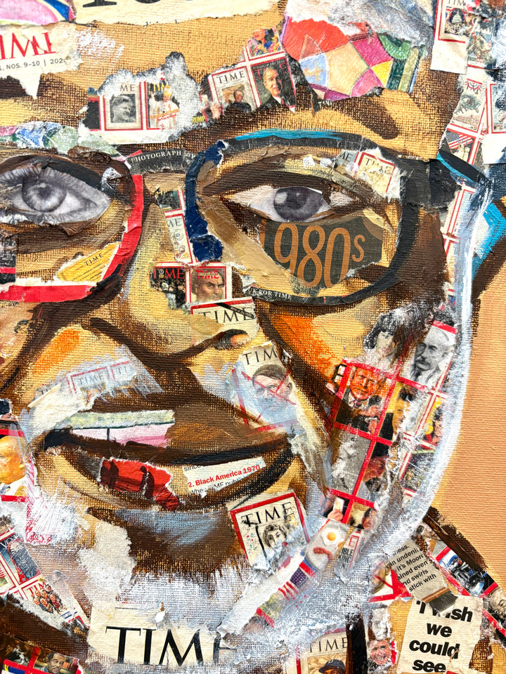 man portrait face with glasses mixed media collage magazine paper cut out acrylic paint by Keith Andrews
