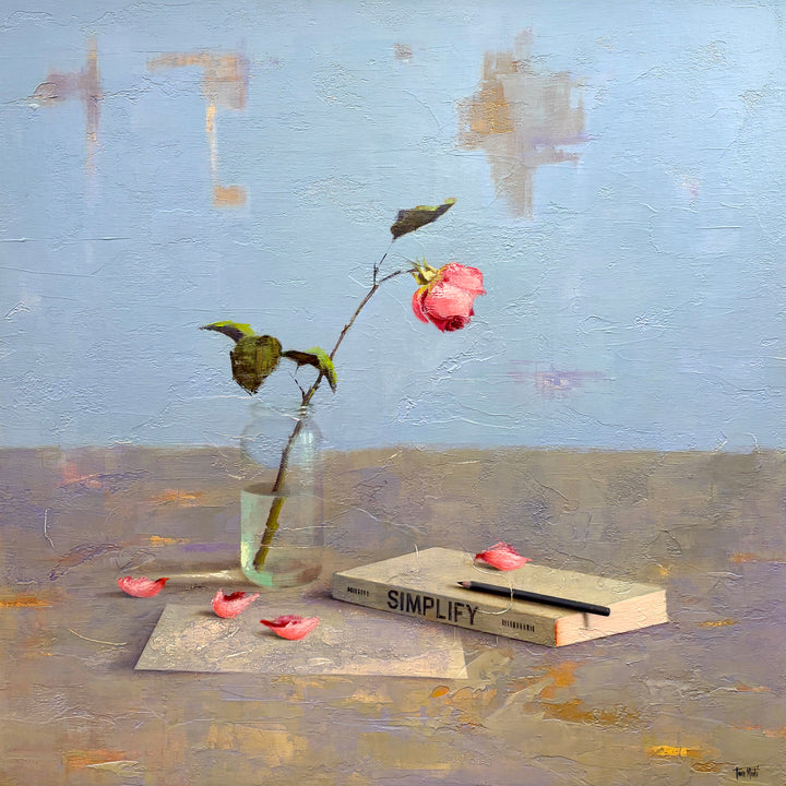realism still life in oil textured painting single rose flower in glass with book simplify and pencil on blue background