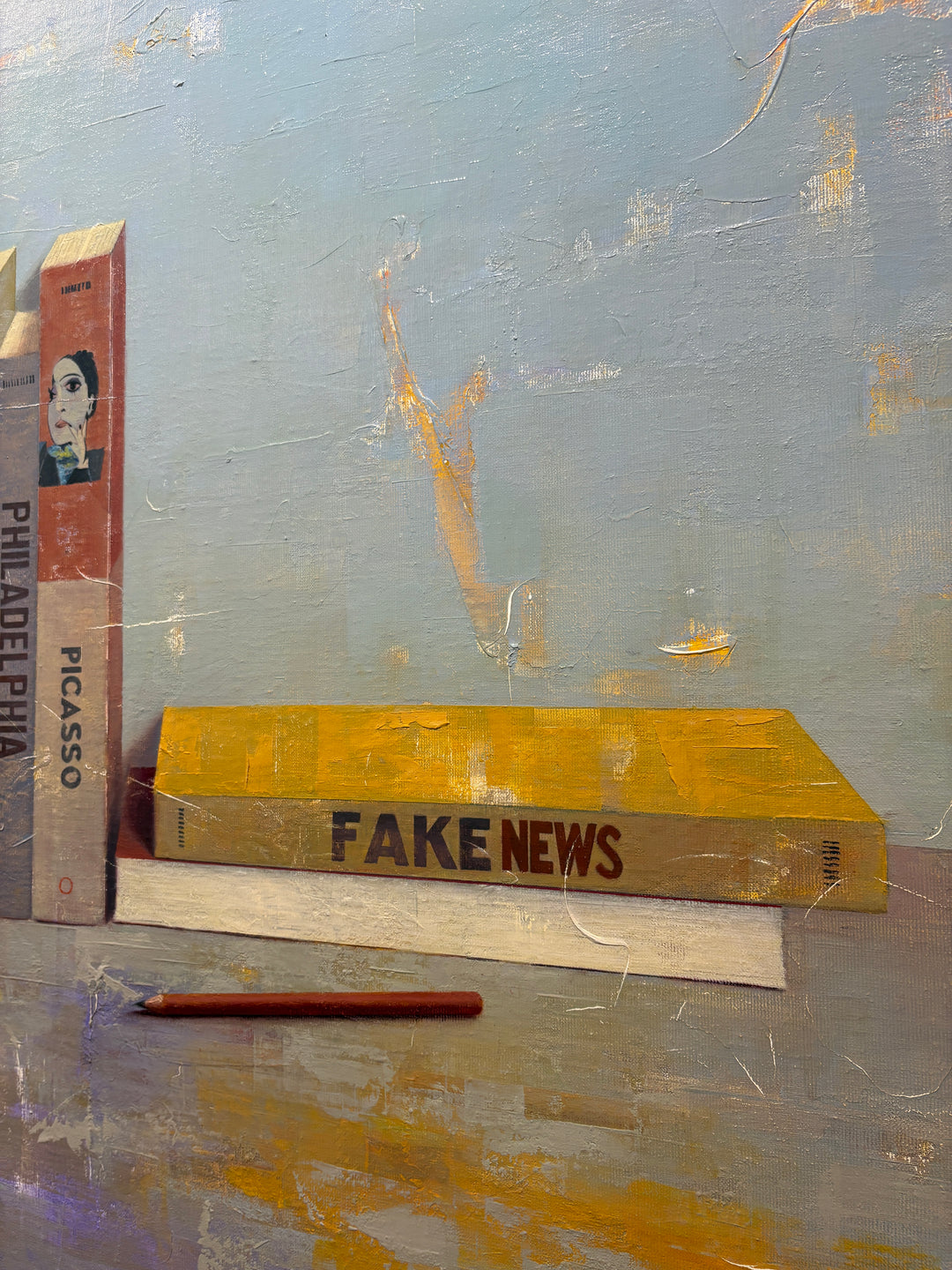 books stacked still life art history picasso fake news barcelona and pencil realism blue background textured oil painting