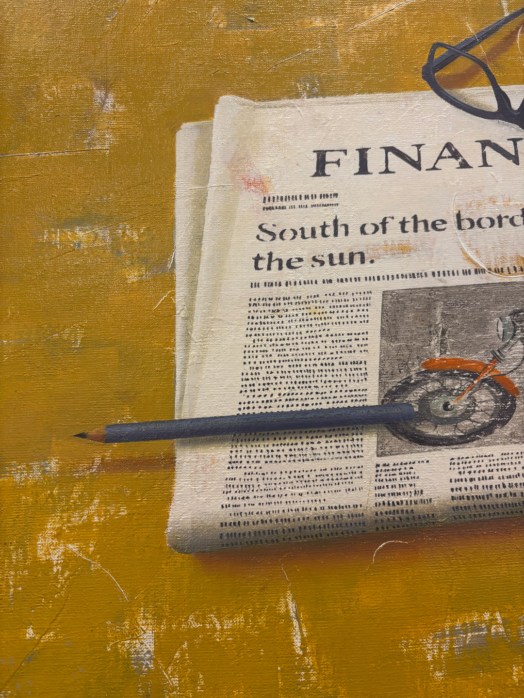still life observational realism painting with newspaper and motorcycle glasses coffee and pencil on yellow and blue textured oil background