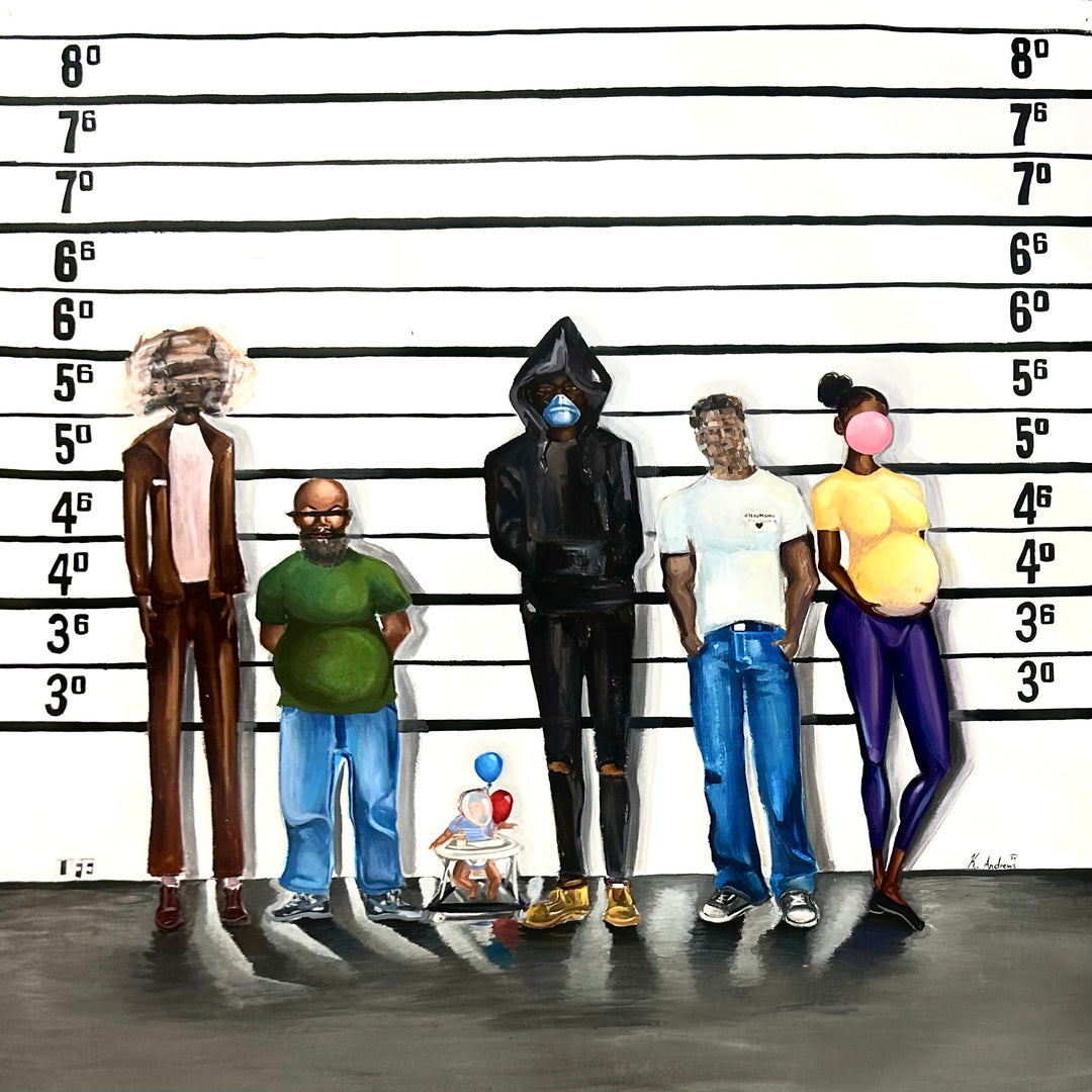 Acrylic Painting and Collage on Parachute Paper by Keith Andrews of a five individual in a prison line up with their face blurred. 54"x54". Bright green and blue foreground