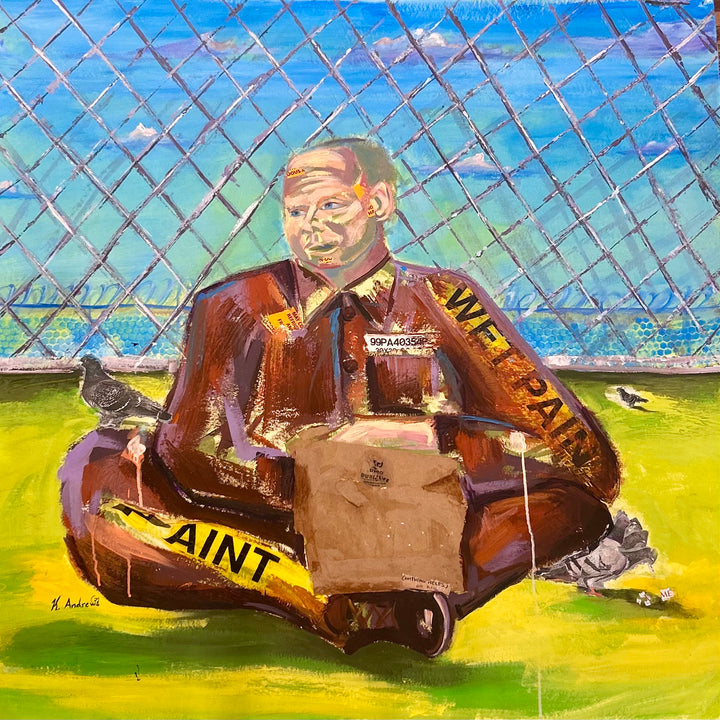 Acrylic Painting and Collage on Parachute Paper by Keith Andrews of a prison inmate with pigeons. 44"x44". Bright green and blue foreground