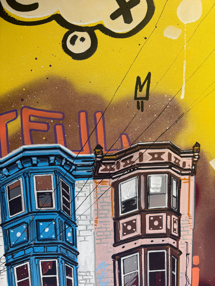 graffiti urban style illustration cartoon building philadelphia cityscape landscape graphic markers and acrylic in bright bold color 