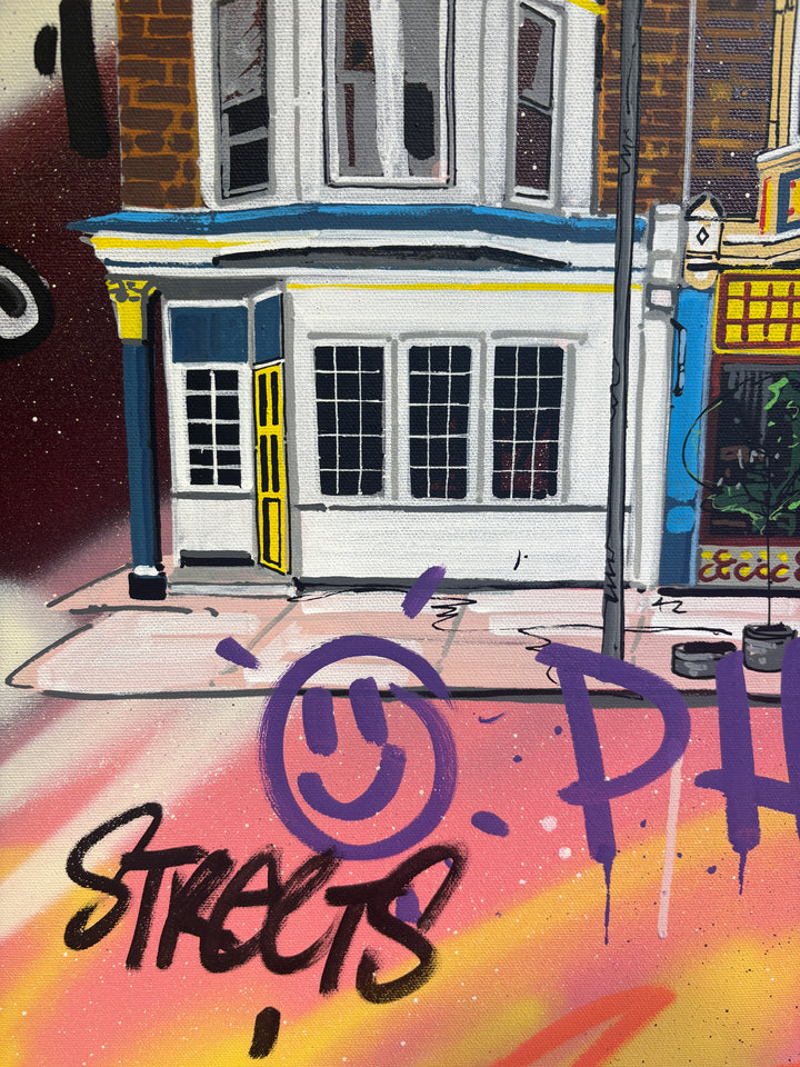 graffiti urban style illustration cartoon building philadelphia cityscape landscape graphic markers and acrylic in bright bold color 
