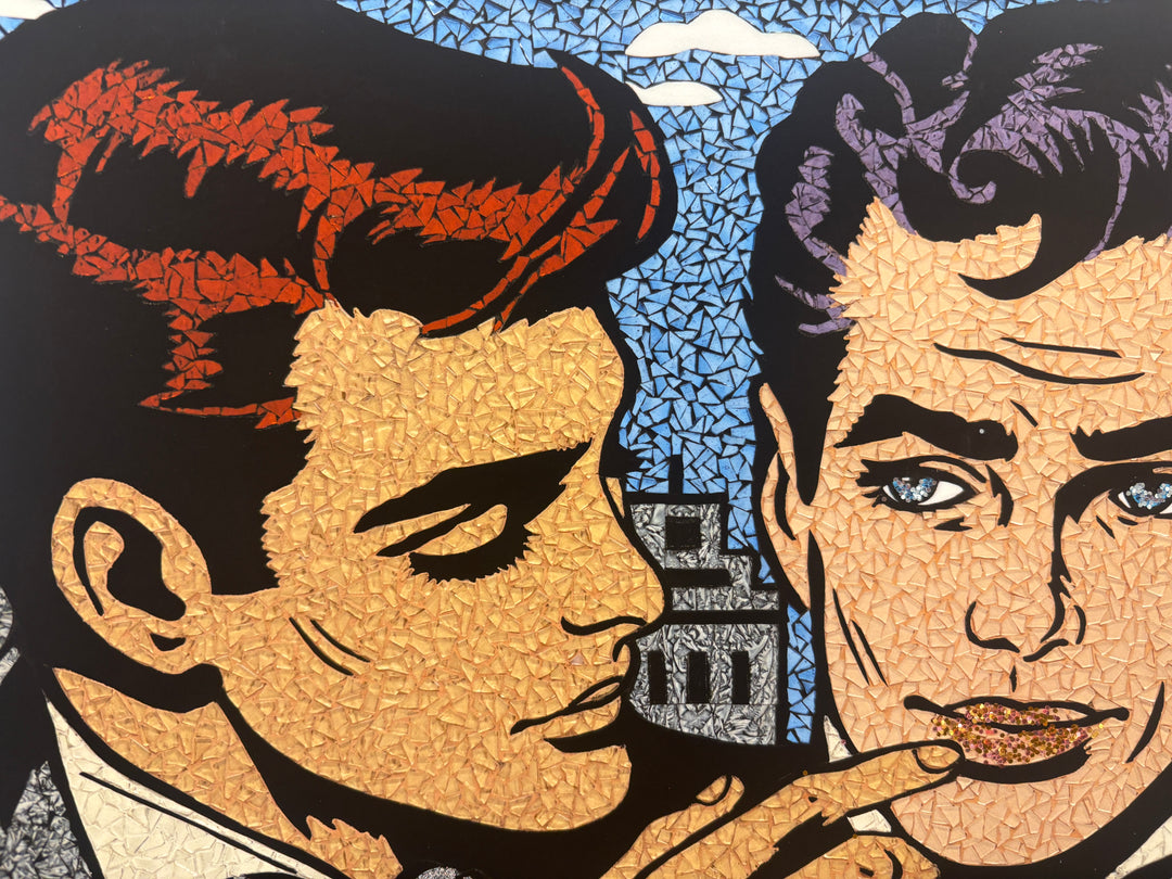two men in stained glass mosaic style with comic speech text bubbles suite tuxedos cityscape gay relationship couple love hand embellished print