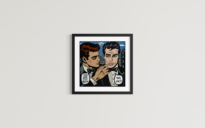 two men in stained glass mosaic style with comic speech text bubbles suite tuxedos cityscape gay relationship couple love hand embellished print