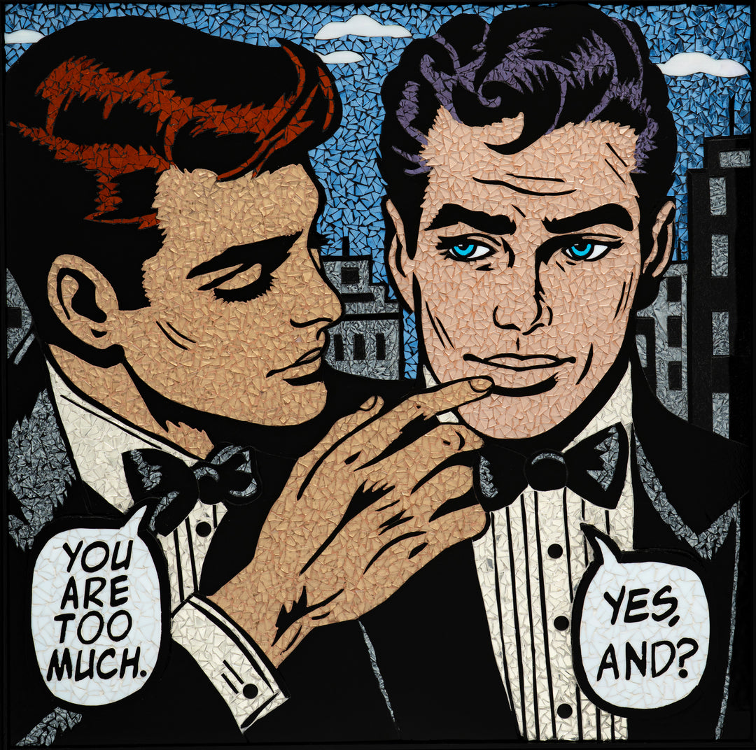 two men in stained glass mosaic style with comic speech text bubbles suite tuxedos cityscape gay relationship couple love hand embellished print
