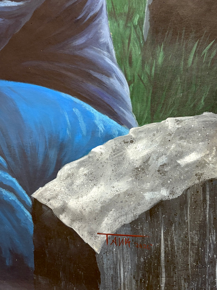 figure man leaning in cemetery  dark gloomy night sad inn greens and black with moon and clouds in acrylic