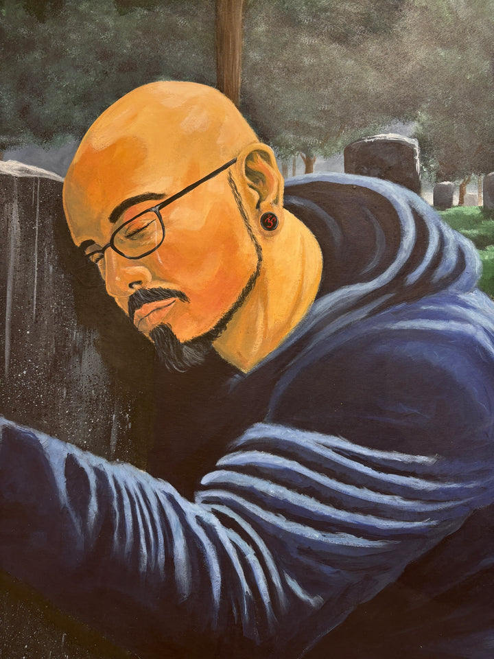 figure man leaning in cemetery  dark gloomy night sad inn greens and black with moon and clouds in acrylic