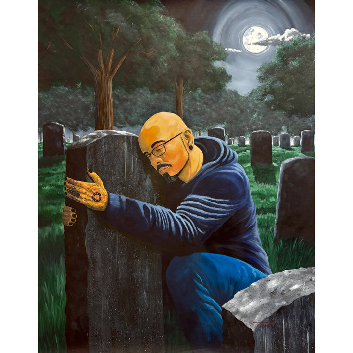 figure man leaning in cemetery  dark gloomy night sad inn greens and black with moon and clouds in acrylic