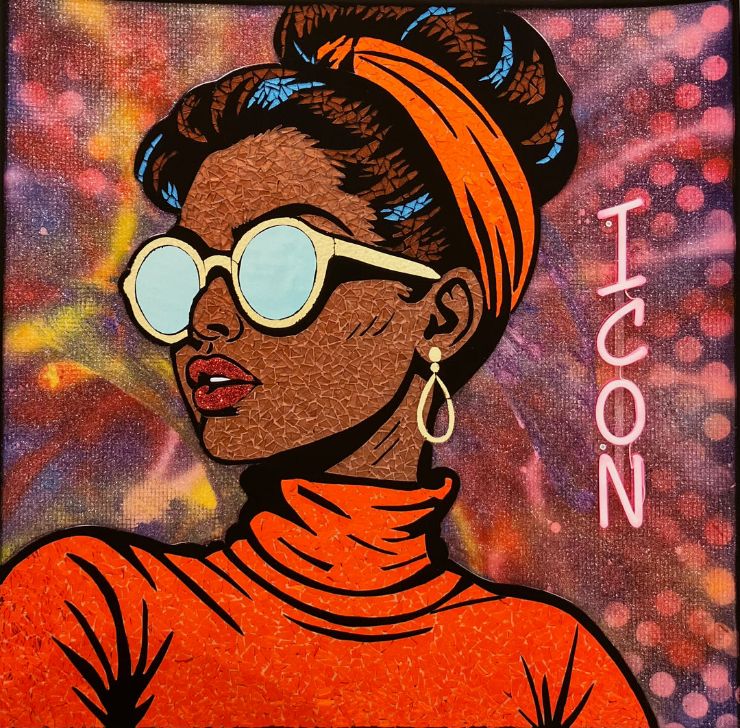 black woman figurative portrait in stained glass collage pink red and purple with neon sign hand embellished with glitter