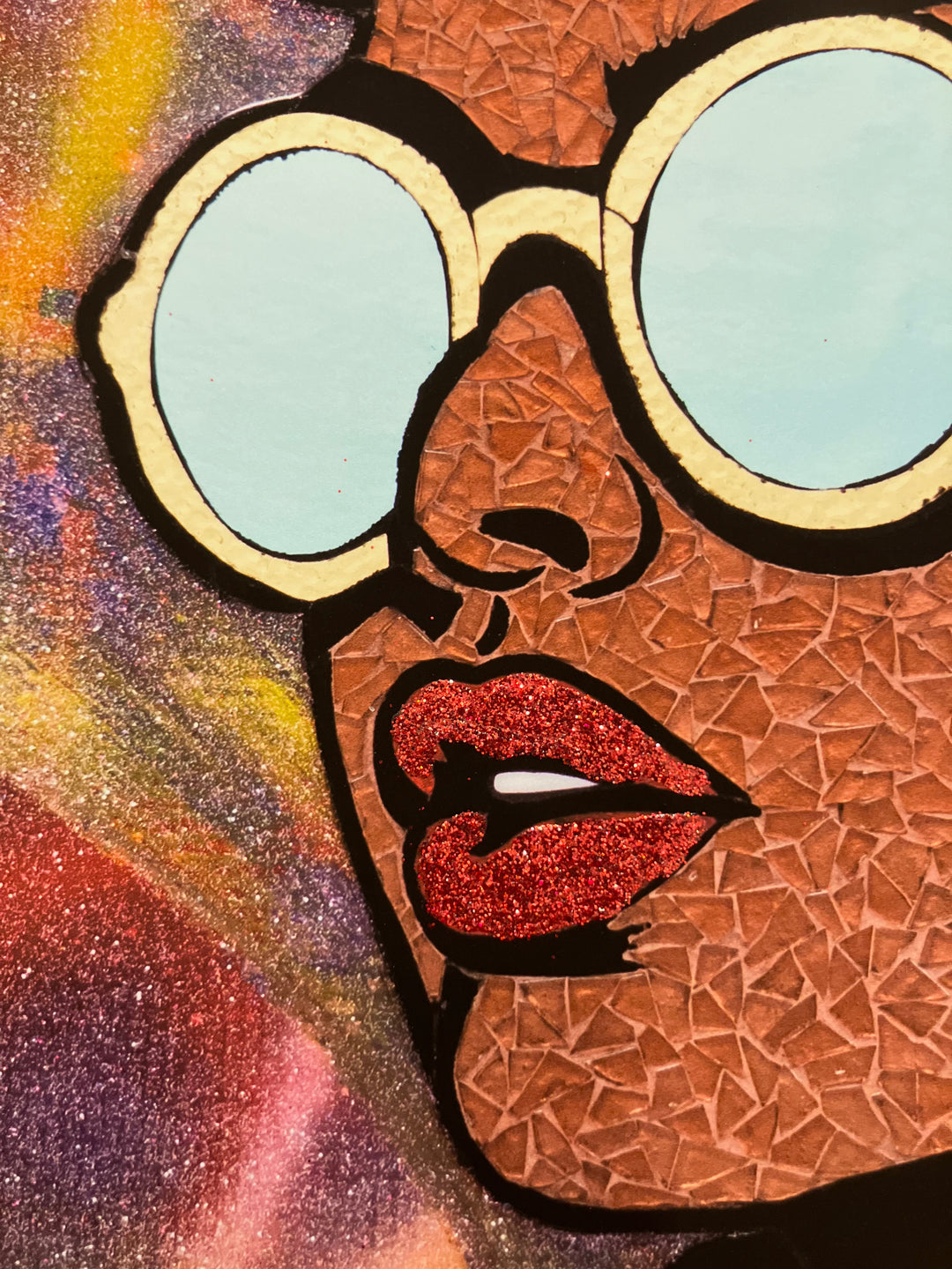 black woman figurative portrait in stained glass collage pink red and purple with neon sign hand embellished with glitter