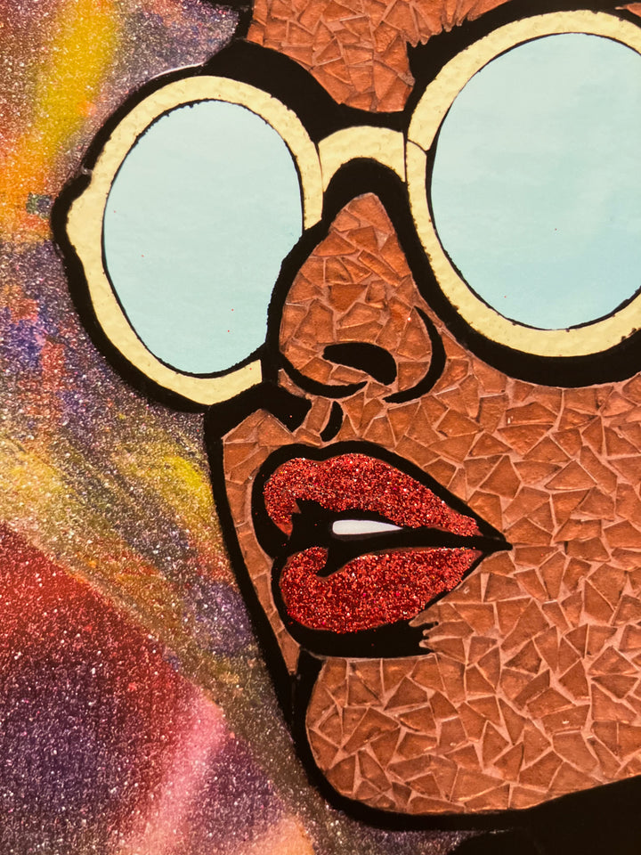 black woman figurative portrait in stained glass collage pink red and purple with neon sign hand embellished with glitter