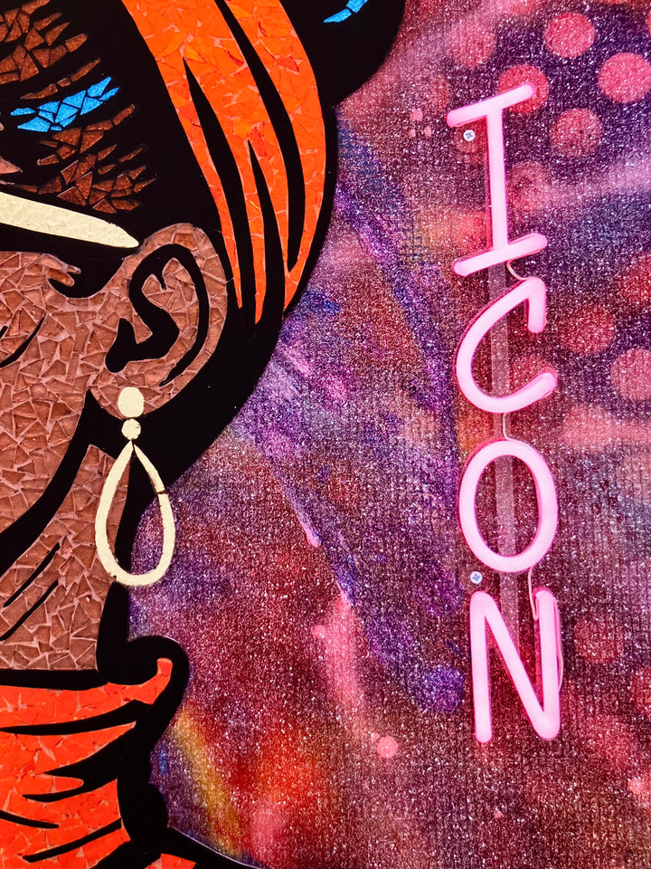 black woman figurative portrait in stained glass collage pink red and purple with neon sign hand embellished with glitter