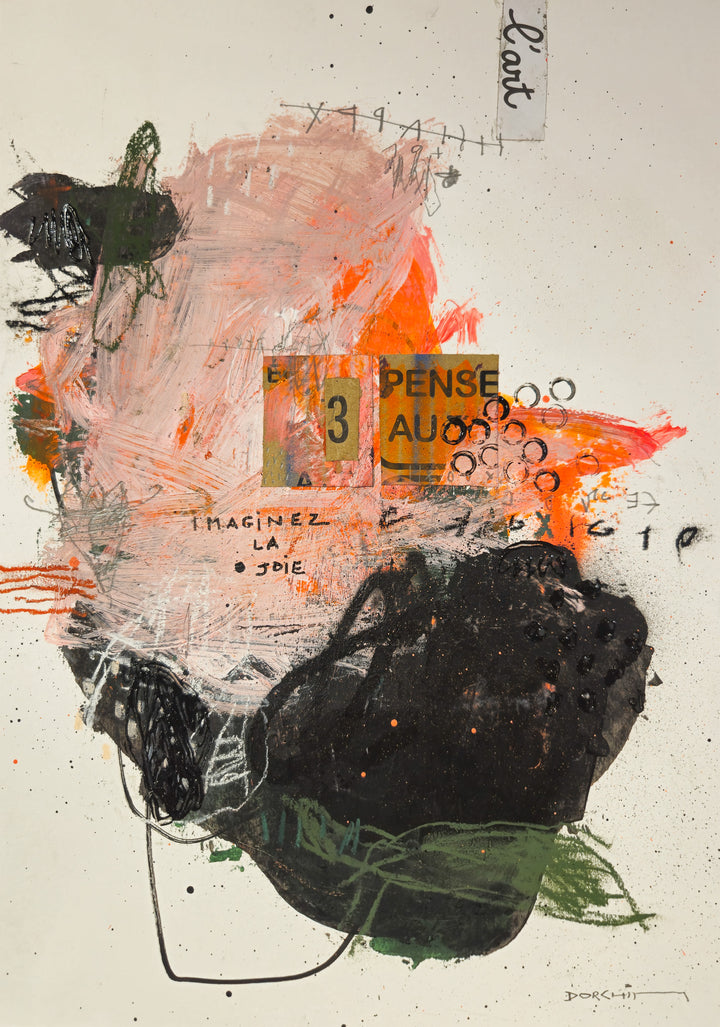 Abstract mixed media artwork on paper by Laurent Dorchin in black, pink, orange, green and white. Organic linework and minimal illustrations with collage and text elements.