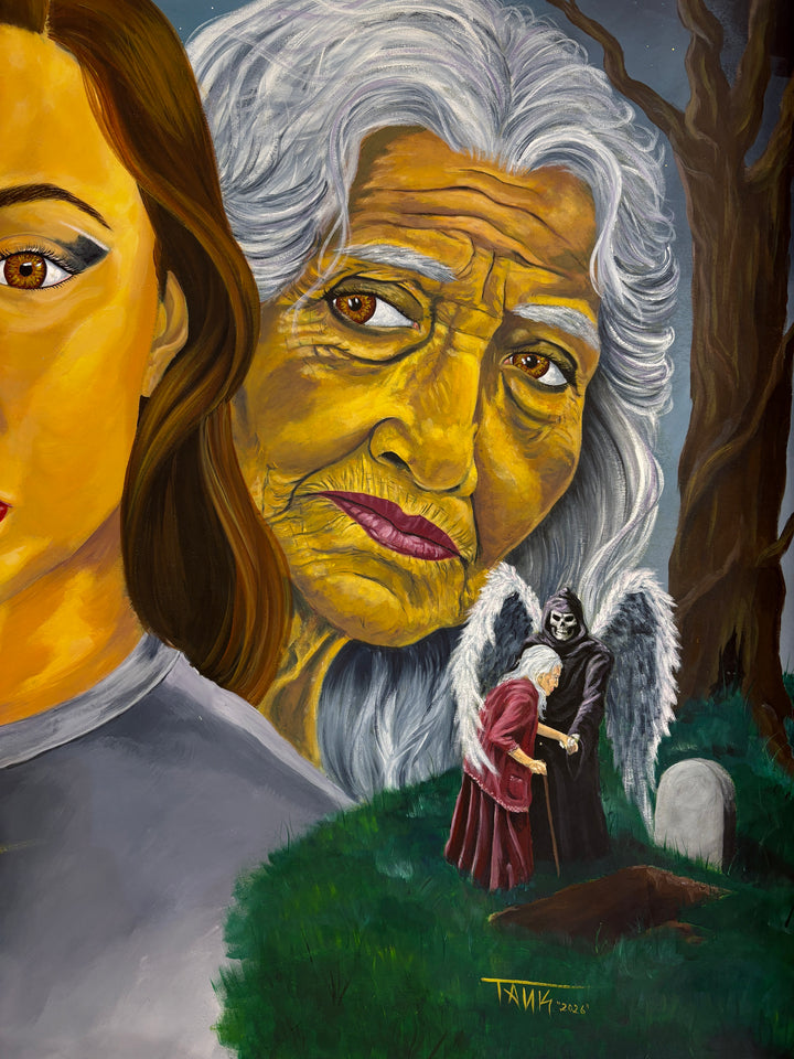 three figures portrait woman aging with clock and changing seasons trees purple green and dark gloomy space stars realism in acrylic