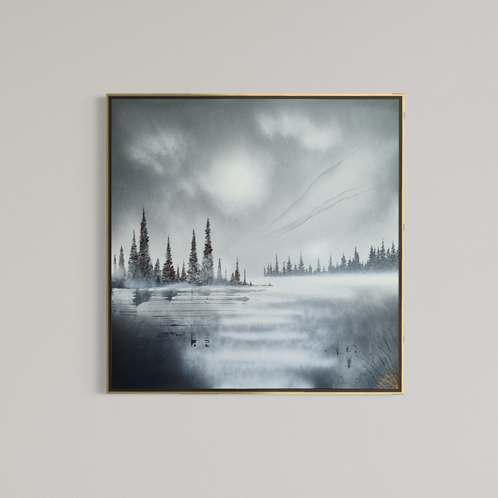 Julien Rey, Infinity, lacquer and gold leaf on board, 40 x 40 inches, framed in a thin gold frame and displayed on a plain wall.