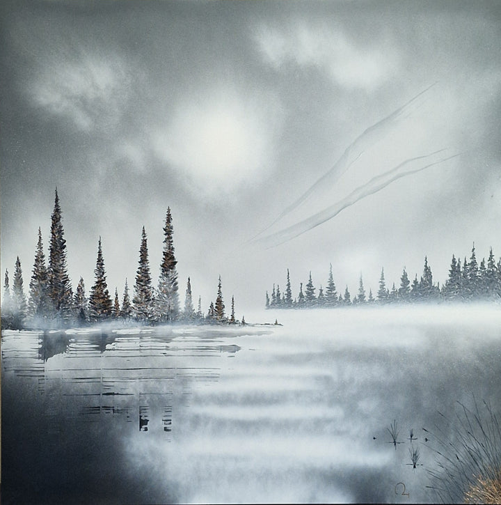 Julien Rey, Infinity, lacquer and gold leaf on board, 40 x 40 inches. Monochrome landscape of tall dark pine trees along a foggy lakeshore, with a hazy sky, a glowing sun, and reflections of the trees and mist in the still water.