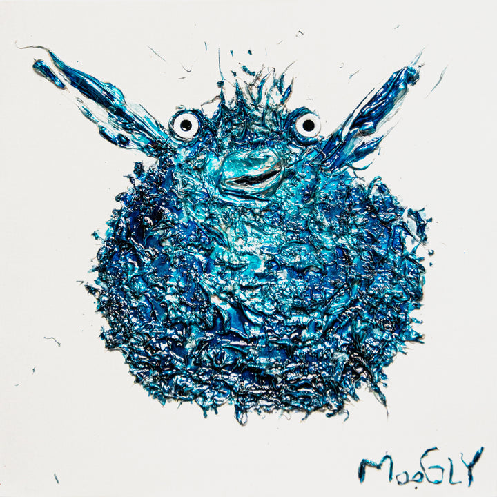 puffer fish fins flapping in bright blue textured ball on white background
