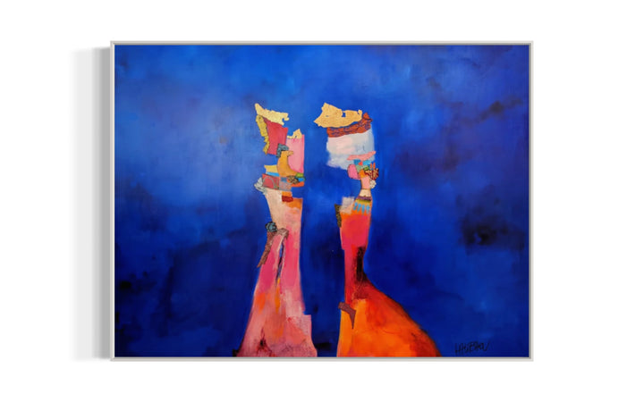 48" x 36" Instant De Confession artwork by Lau Blou. Acrylic and mixed media on canvas, cobalt blue clouds and abstract rock formations with gold leaf