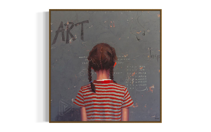 Intelligence Test III oil and acrylic painting by Tomasa Martin of a girl with braids in a striped shirt doing math equations.