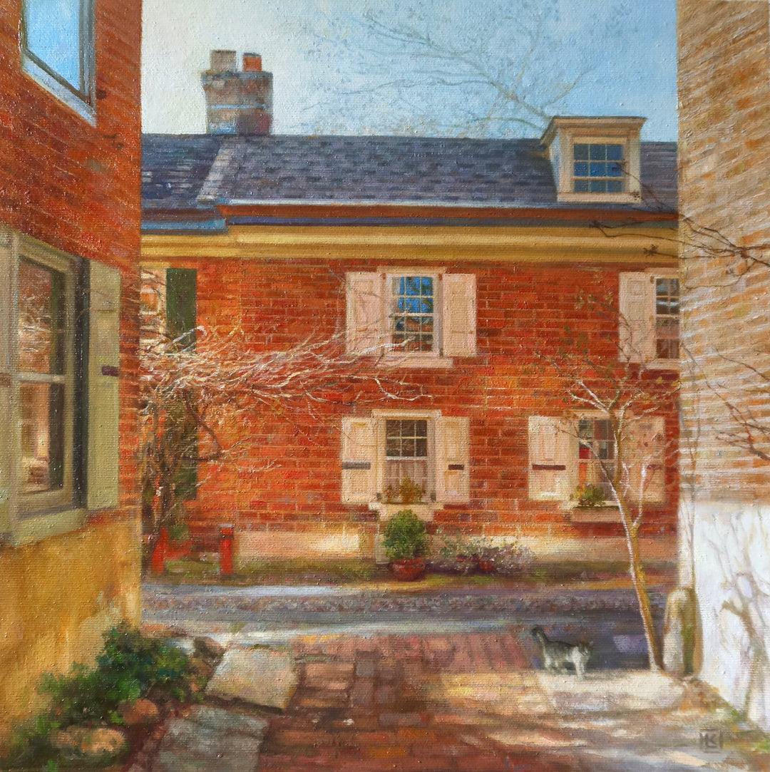 bright brick home alley way with trees blue sky sun shine landscape philadelphia in oil painted landscape realism 