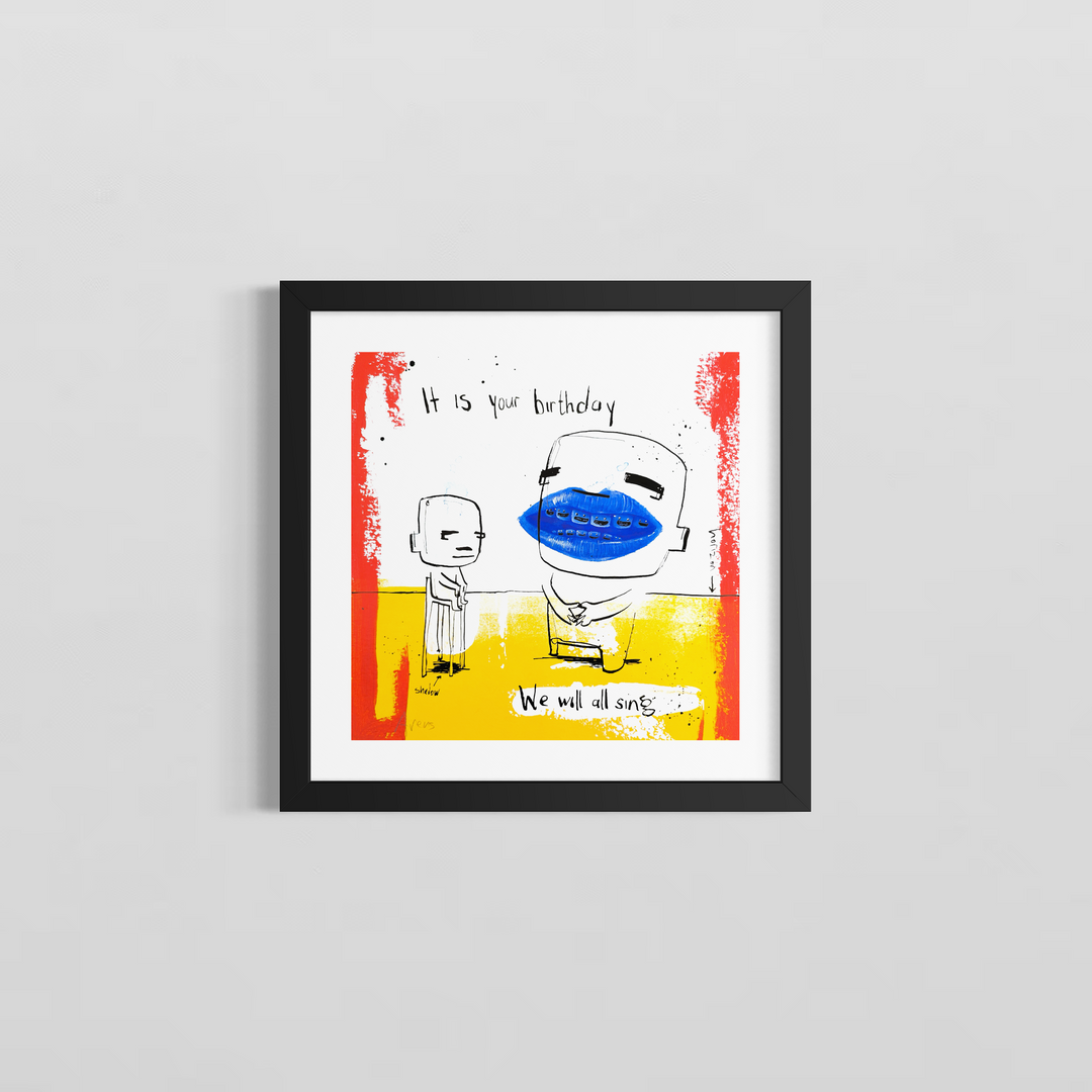 "It Is Your Birthday" by Netherlands-based artist Jan-Hein Arens, an acrylic and ink on paper work featuring two whimsical cartoon-like figures, one with an oversized blue smiling mouth, standing on a bold yellow ground with handwritten text reading &