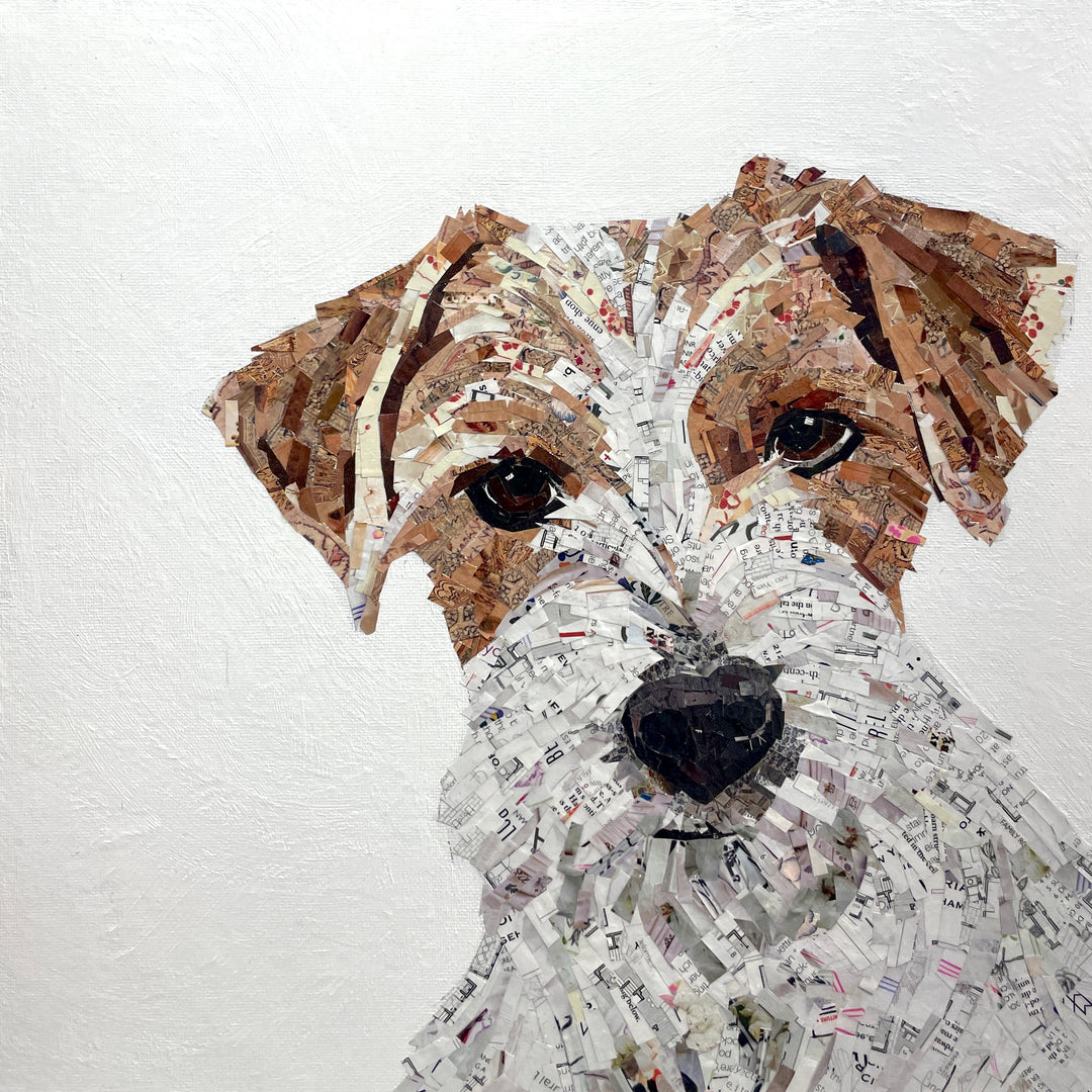 jack russell dog looking at viewer in brown and white made of cut paper magazine collage on white background