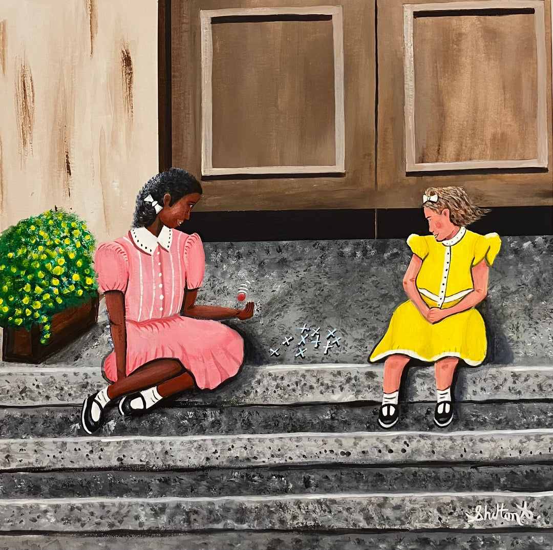 two girls playing jacks game fun outdoors sitting on steps in acrylic 