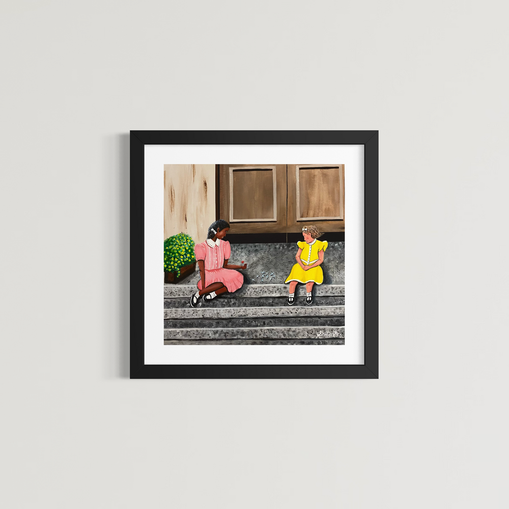 two girls playing jacks game fun outdoors sitting on steps in acrylic 