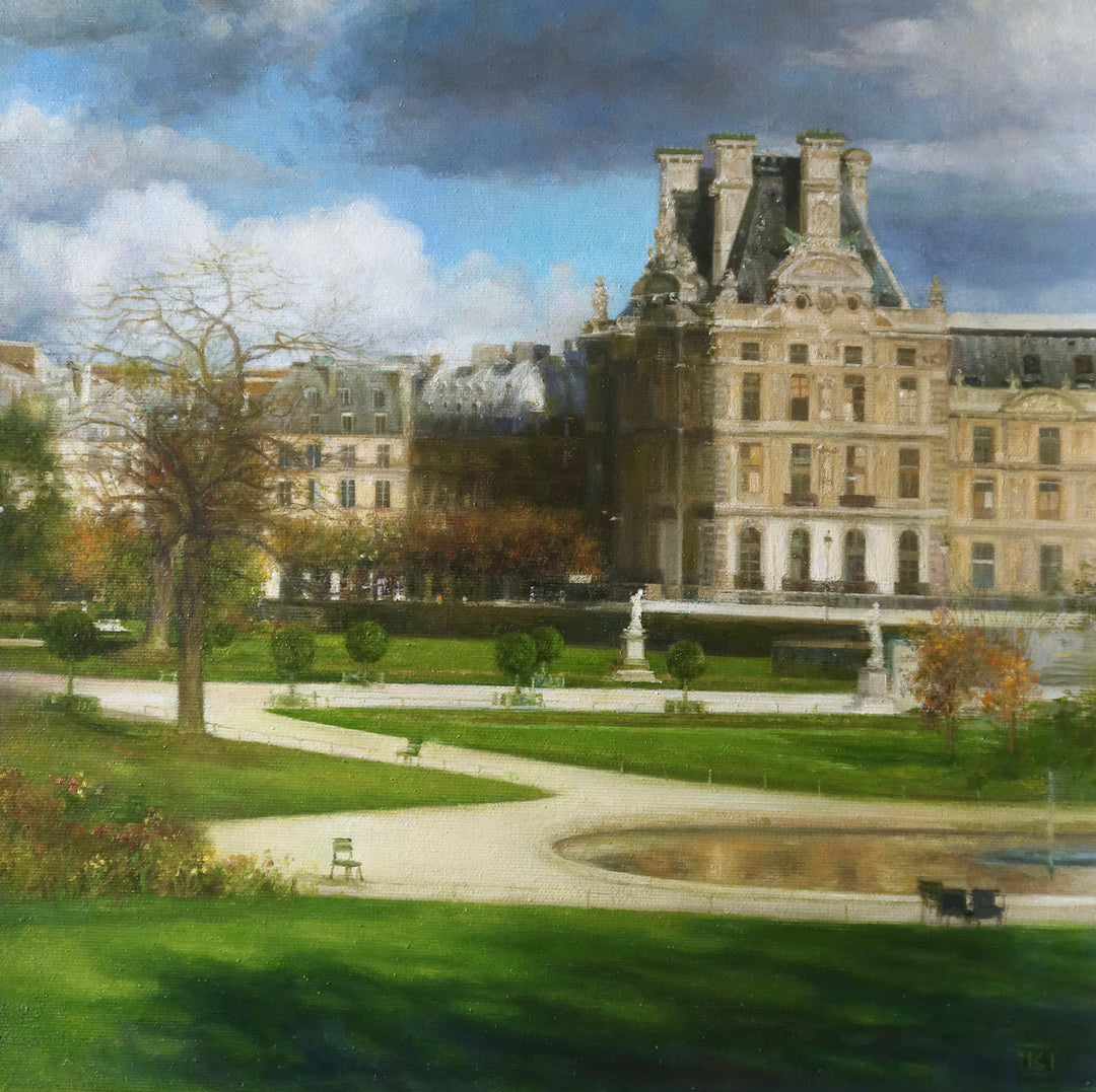 Garden castle landscape with trees benches and pond, cloudy blue sky in oil paint soft realism