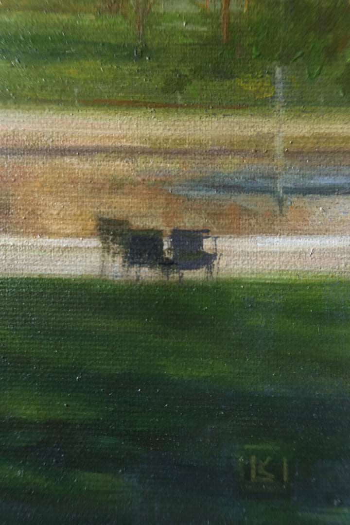 Garden castle landscape with trees benches and pond, cloudy blue sky in oil paint soft realism