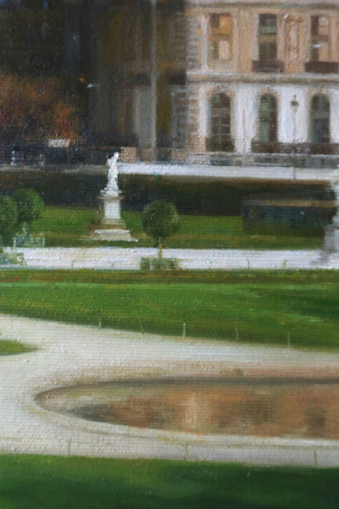 Garden castle landscape with trees benches and pond, cloudy blue sky in oil paint soft realism
