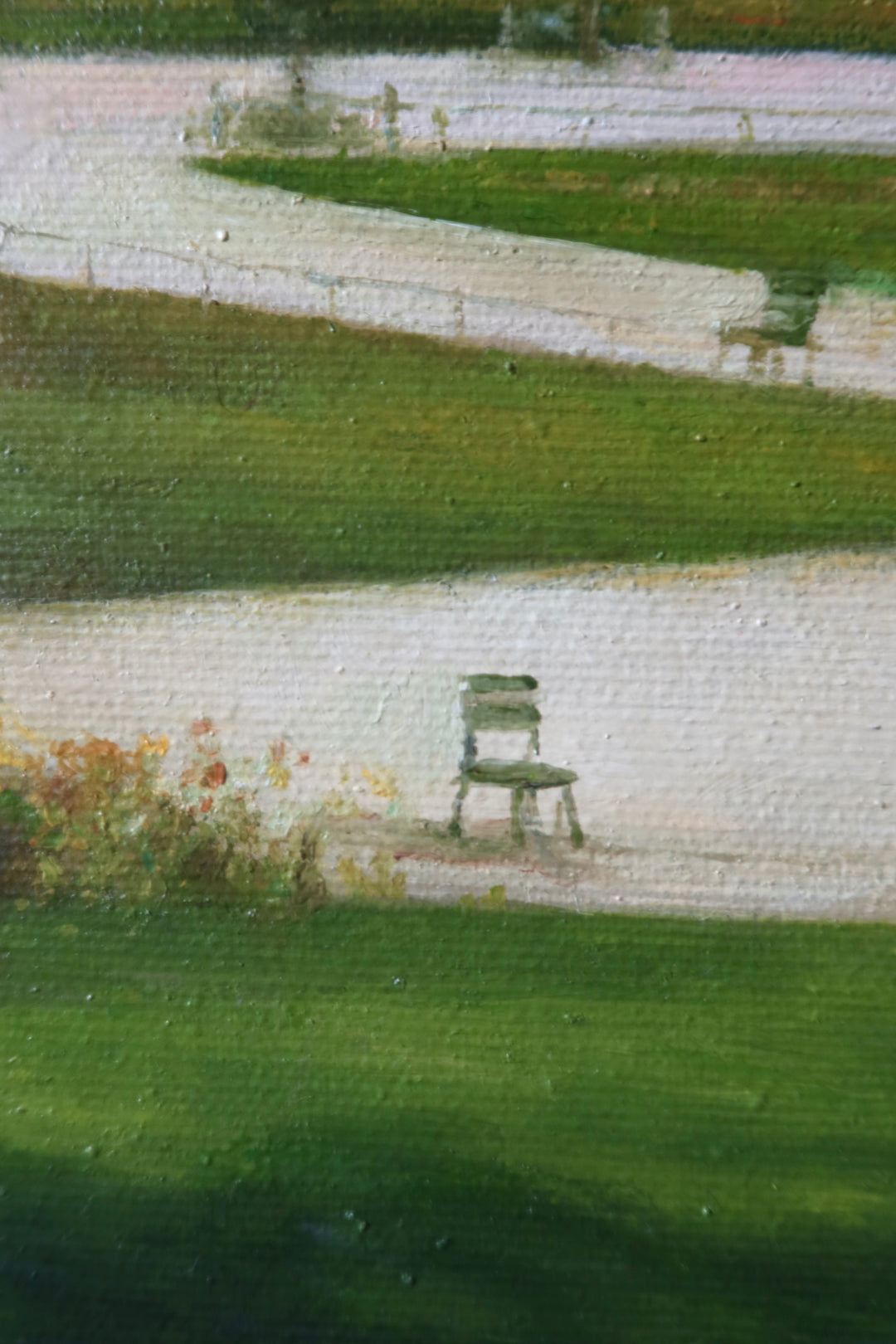 Garden castle landscape with trees benches and pond, cloudy blue sky in oil paint soft realism