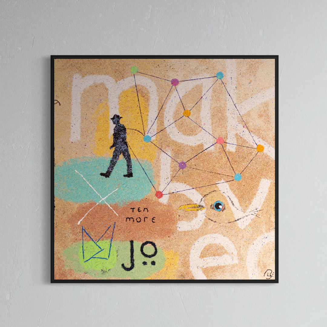 Jupiter Potato by Bob Landstrom. Artwork of beige and colorful pigmented volcanic rock on canvas, abstract and geometric with a gentleman walking.