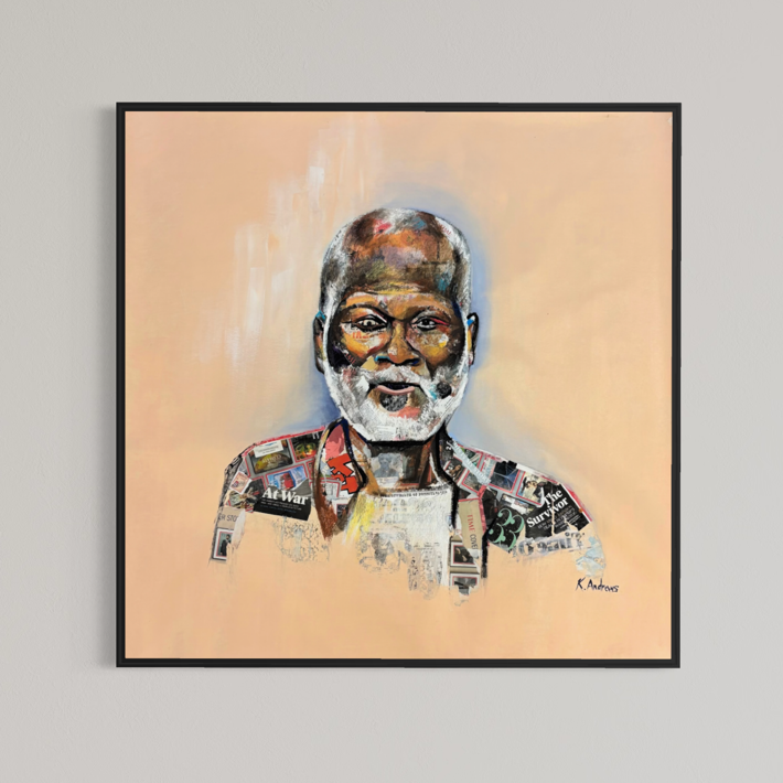 Keith Andrews, Keys of Free, acrylic and collage on parachute cloth, 42 x 42 inches, shown in a black frame on a light grey wall.