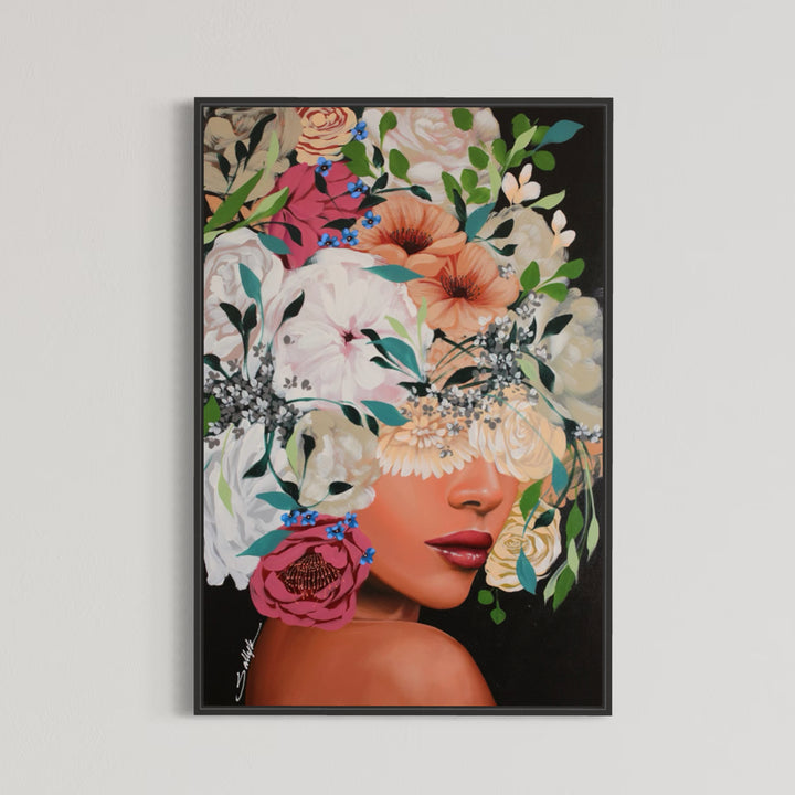 24"W x 36"H, acrylic portrait on canvas. Woman in profile with her eyes and hair covered by white and blush-toned flowers.