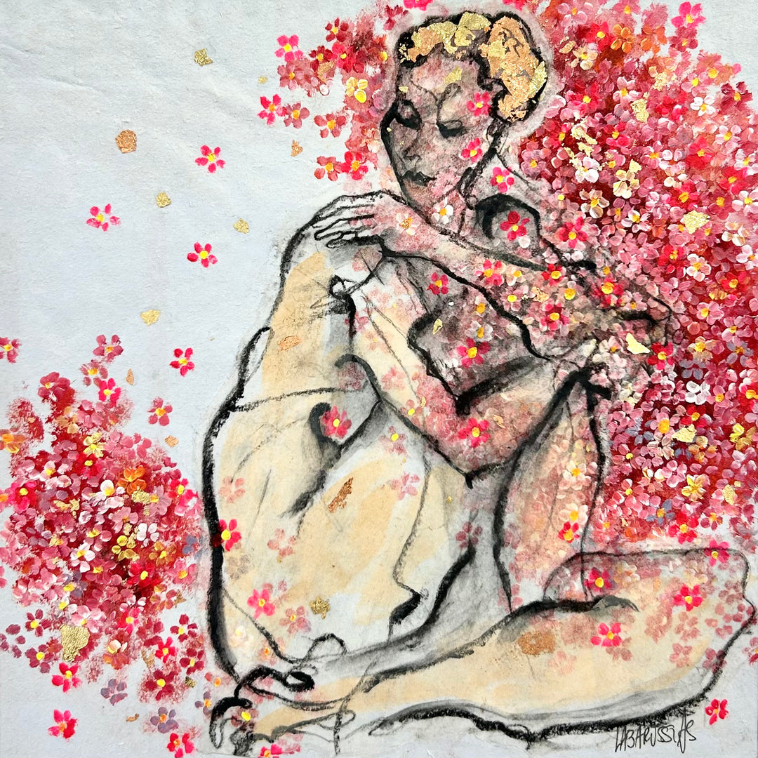 Figurative, Femme, Female Form, Feminine, Gold, Floral, Romantic, Pink