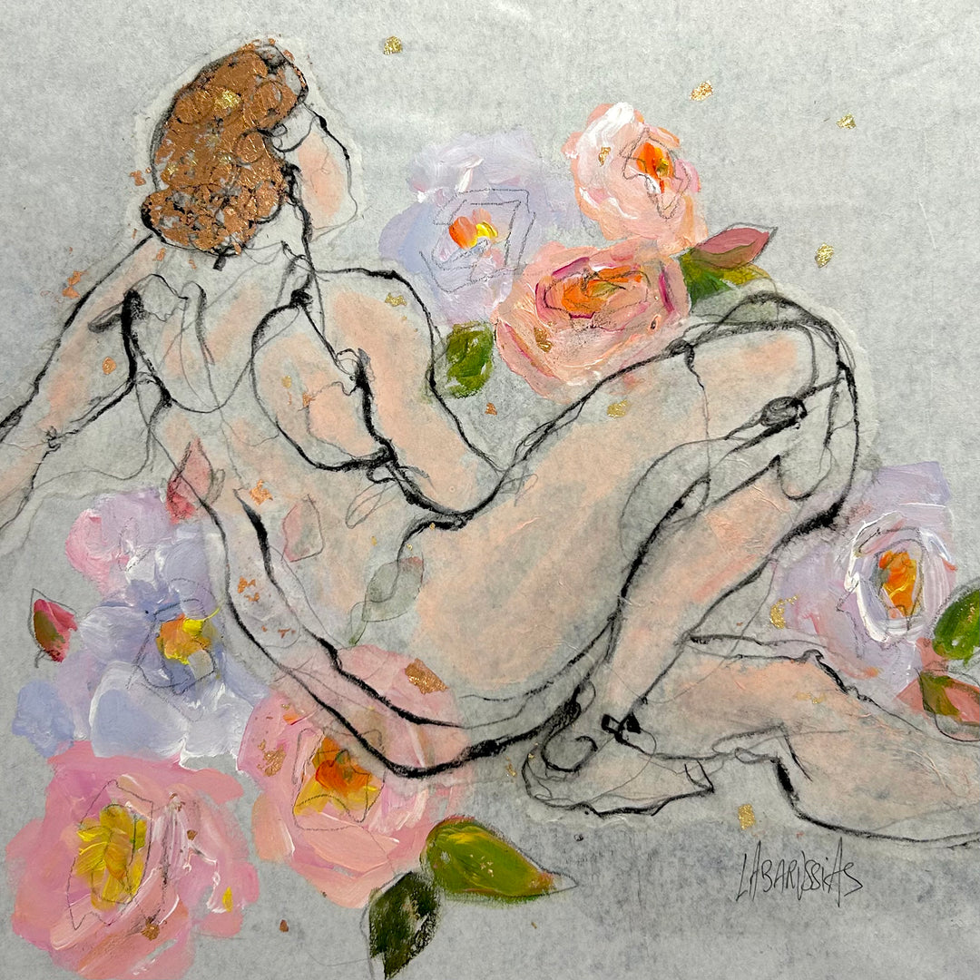 Figurative, Femme, Female Form, Feminine, Gold, Floral, Pink, Roses, Purple