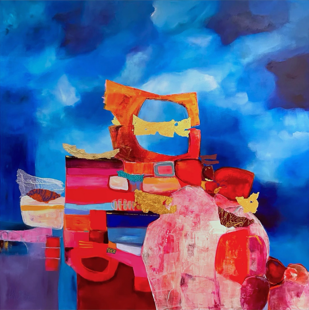 39.5" x 39.5" Lau Blou painting, abstract and geometric blue red and gold painting with clouds in the background, acrylic and  gold leaf on canvas