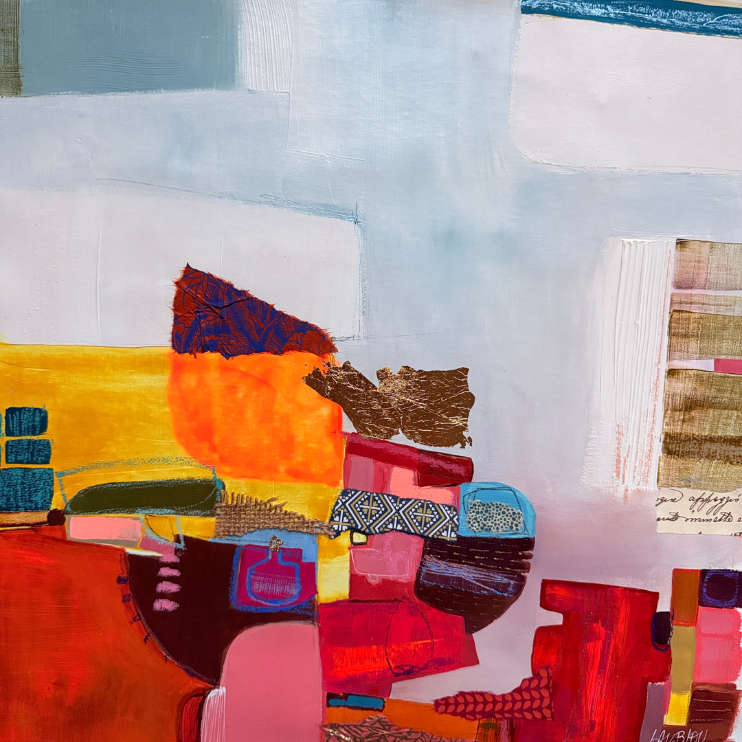 Lau Blou, L’élixir caché, acrylic paint, fabric, and gold leaf on canvas, 14 x 14 inches. Abstract composition of stacked blocks in red, pink, orange, and yellow with patterned fabric and copper leaf pieces, set against a pale blue and white background with white textured strips.